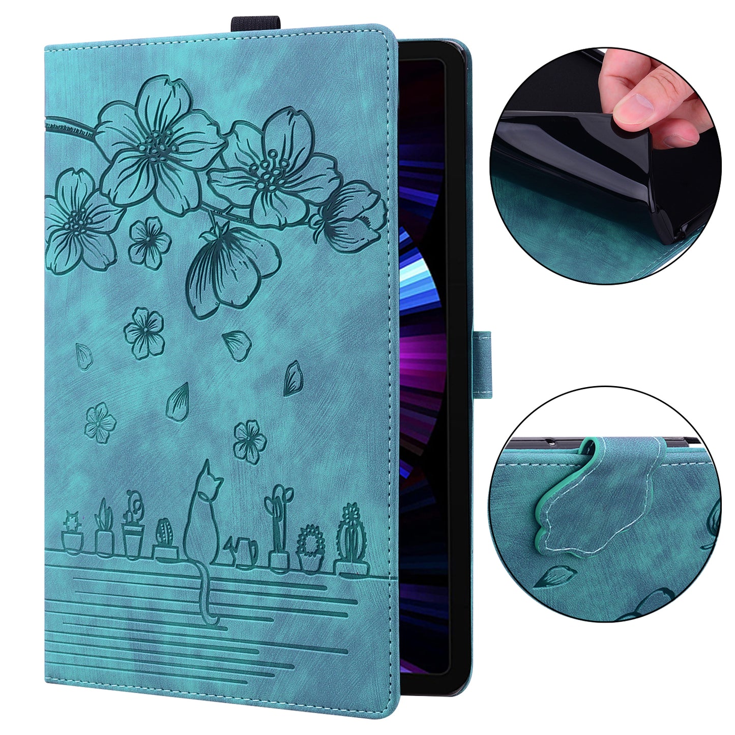 For Samsung Galaxy Tab S9 FE+ Leather Tablet Case Flower Cat Pattern Card Slots Cover - Green
