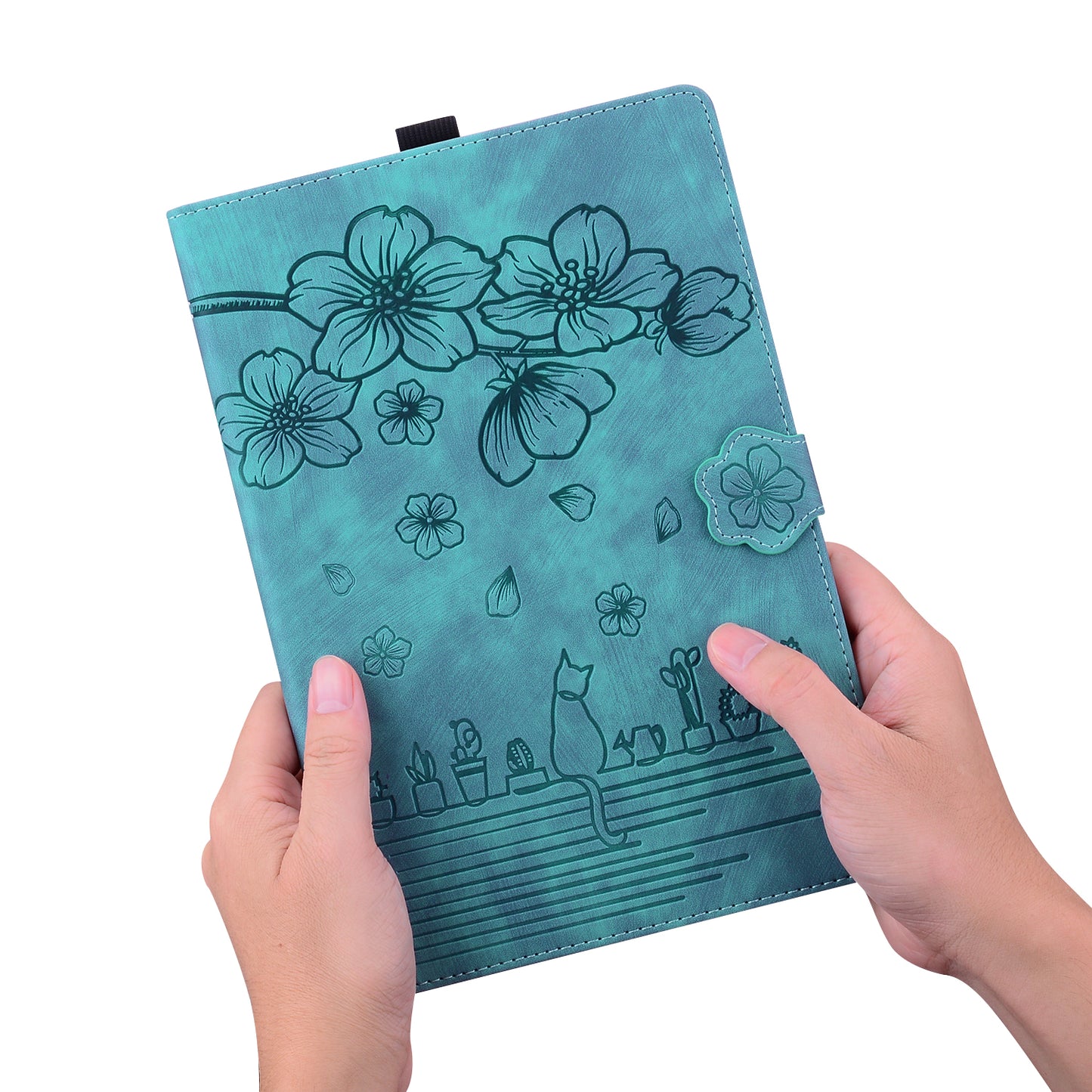 For Samsung Galaxy Tab S9 FE+ Leather Tablet Case Flower Cat Pattern Card Slots Cover - Green