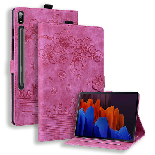 For Samsung Galaxy Tab S9 FE+ Leather Tablet Case Flower Cat Pattern Card Slots Cover - Rose