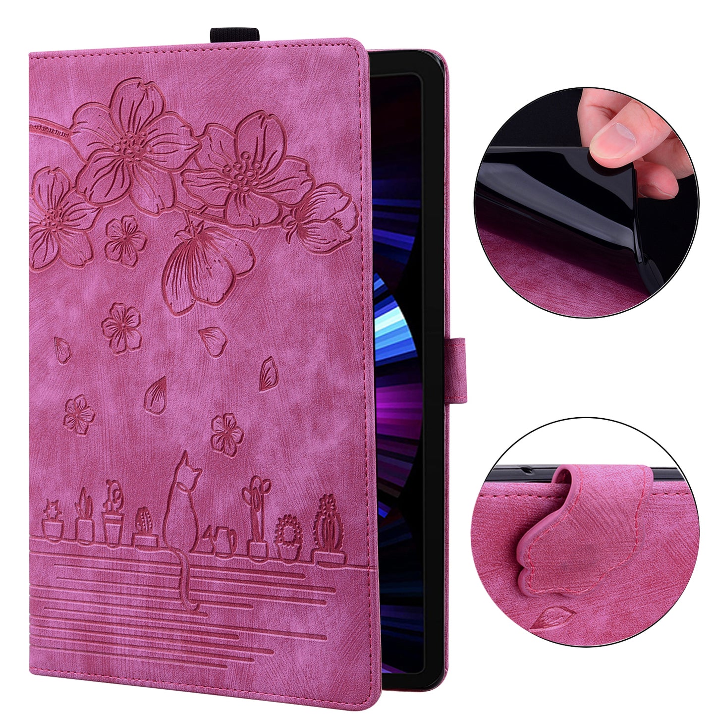For Samsung Galaxy Tab S9 FE+ Leather Tablet Case Flower Cat Pattern Card Slots Cover - Rose
