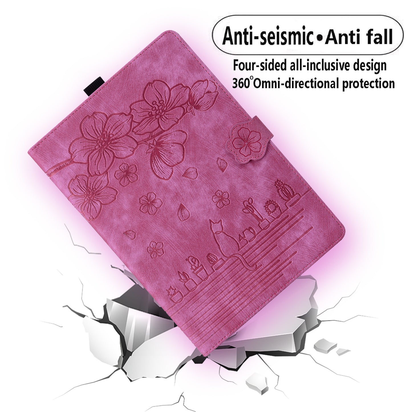 For Samsung Galaxy Tab S9 FE+ Leather Tablet Case Flower Cat Pattern Card Slots Cover - Rose