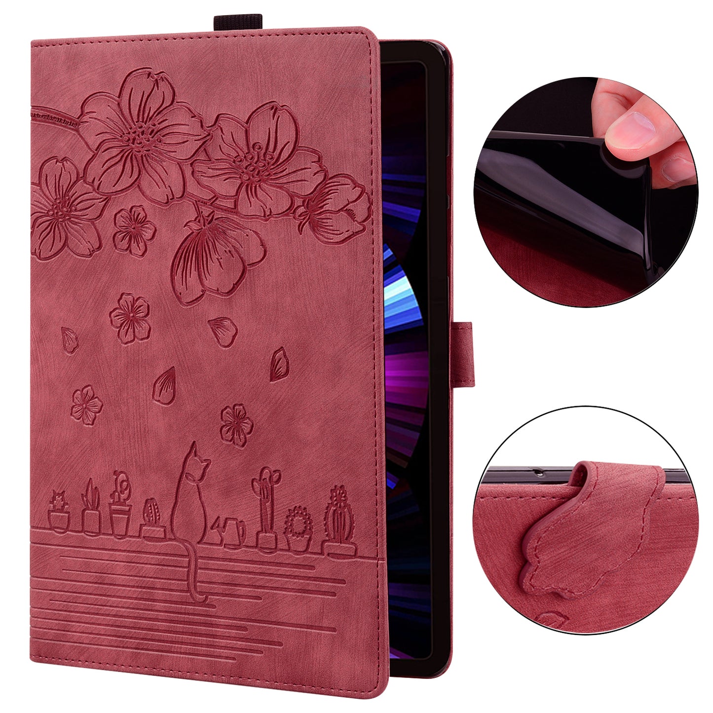 For Samsung Galaxy Tab S9 FE+ Leather Tablet Case Flower Cat Pattern Card Slots Cover - Wine Red