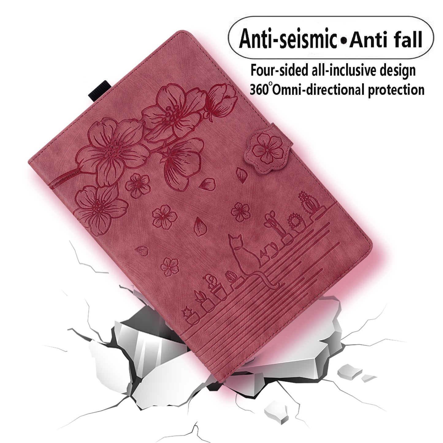 For Samsung Galaxy Tab S9 FE+ Leather Tablet Case Flower Cat Pattern Card Slots Cover - Wine Red