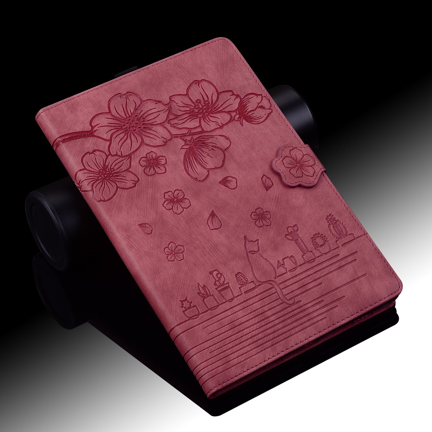 For Samsung Galaxy Tab S9 FE+ Leather Tablet Case Flower Cat Pattern Card Slots Cover - Wine Red
