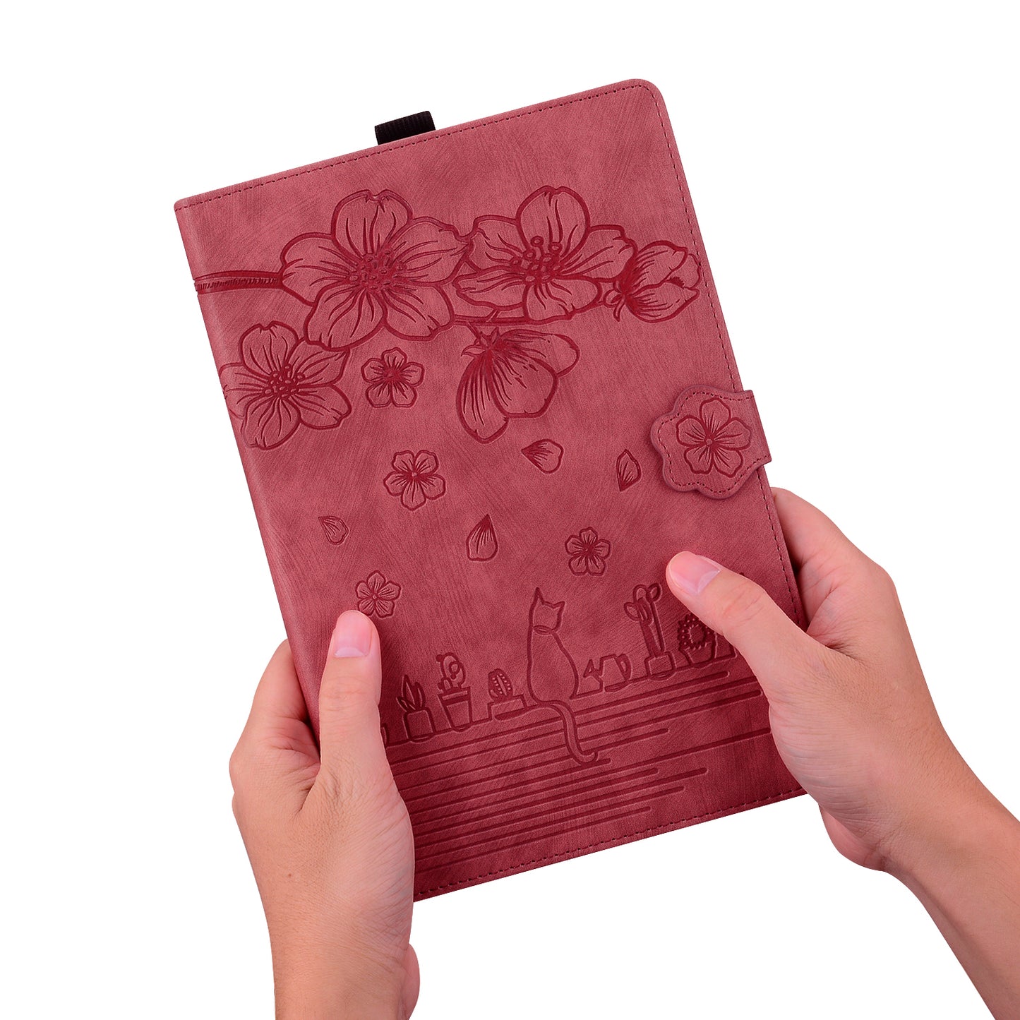 For Samsung Galaxy Tab S9 FE+ Leather Tablet Case Flower Cat Pattern Card Slots Cover - Wine Red