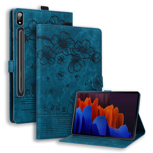 For Samsung Galaxy Tab S9 FE+ Leather Tablet Case Flower Cat Pattern Card Slots Cover - Sapphire
