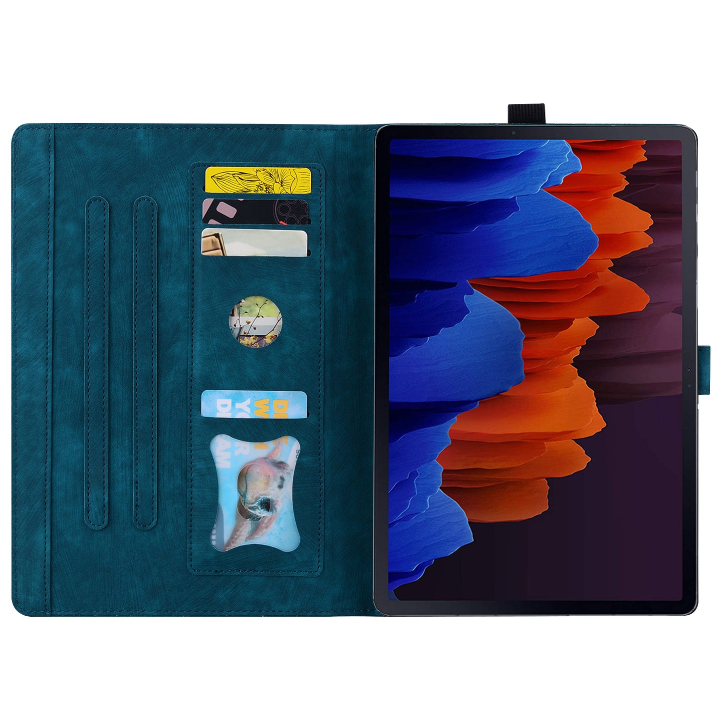 For Samsung Galaxy Tab S9 FE+ Leather Tablet Case Flower Cat Pattern Card Slots Cover - Sapphire