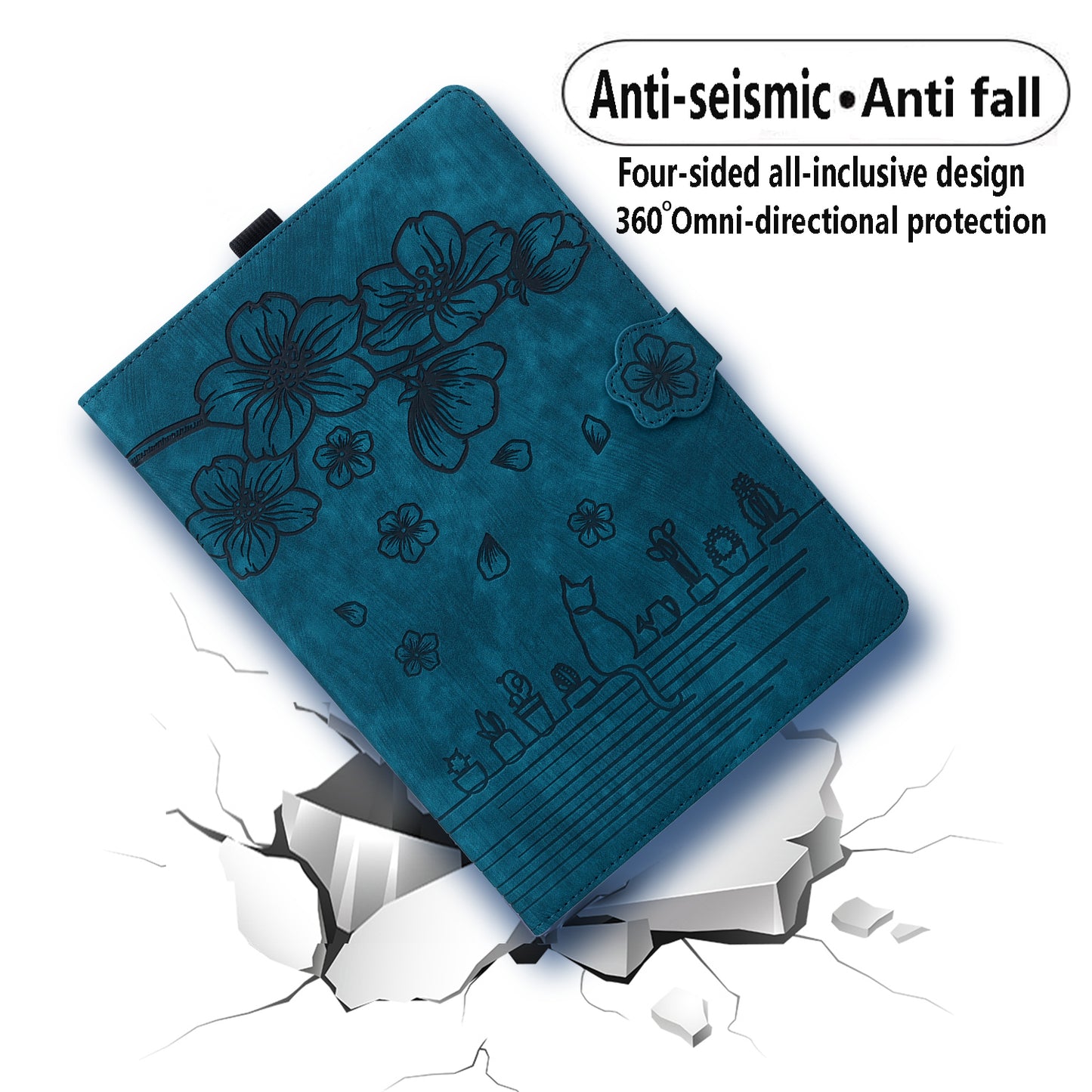 For Samsung Galaxy Tab S9 FE+ Leather Tablet Case Flower Cat Pattern Card Slots Cover - Sapphire