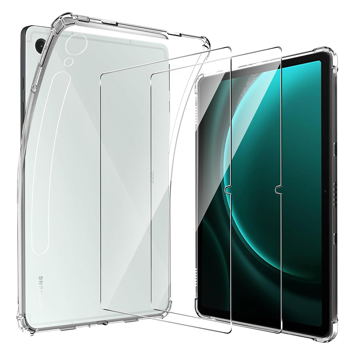 For Samsung Galaxy Tab S9 FE Case Clear TPU Tablet Cover + 2Pcs Tempered Glass Screen Protector