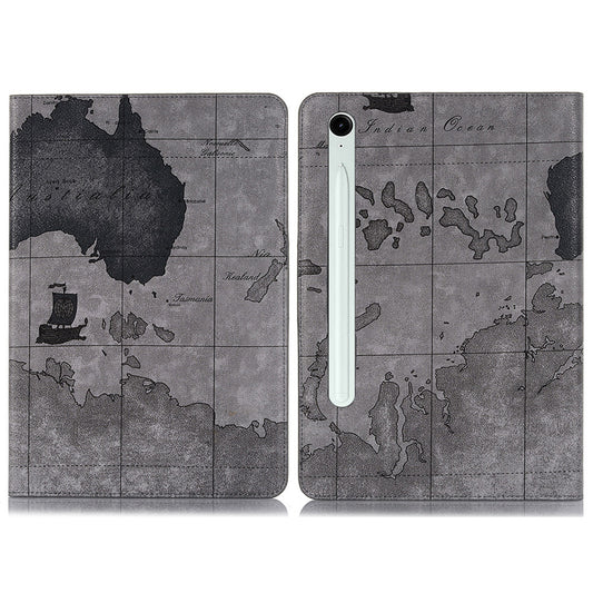 For Samsung Galaxy Tab S9 FE Protective Case Map Pattern PU Leather Tablet Wallet Cover - Grey
