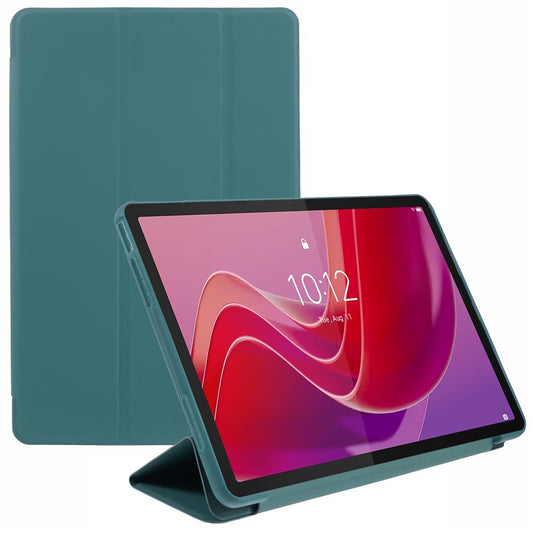 For Lenovo Tab M11 / Xiaoxin Pad 11 2024 Case Leather+Silicone Tri-fold Stand Shell Tablet Cover - Blackish Green