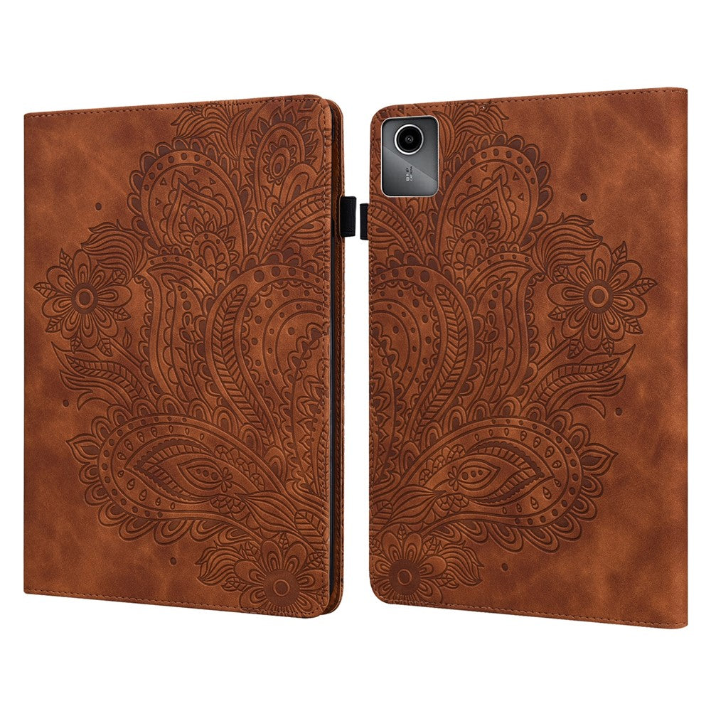 For Lenovo Tab M11 / Xiaoxin Pad 11 2024 Case Flower Pattern PU Leather Stand Tablet Cover - Brown