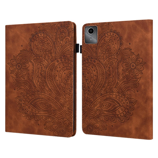 For Lenovo Tab M11 / Xiaoxin Pad 11 2024 Case Flower Pattern PU Leather Stand Tablet Cover - Brown