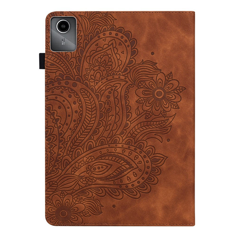 For Lenovo Tab M11 / Xiaoxin Pad 11 2024 Case Flower Pattern PU Leather Stand Tablet Cover - Brown