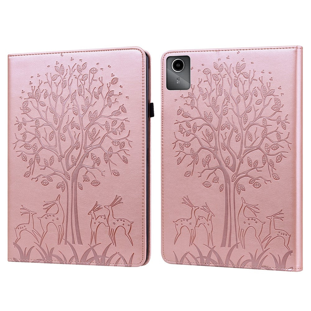 For Lenovo Tab M11 / Xiaoxin Pad 11 2024 Leather Case Tree Deer Pattern Stand Tablet Cover - Rose Gold