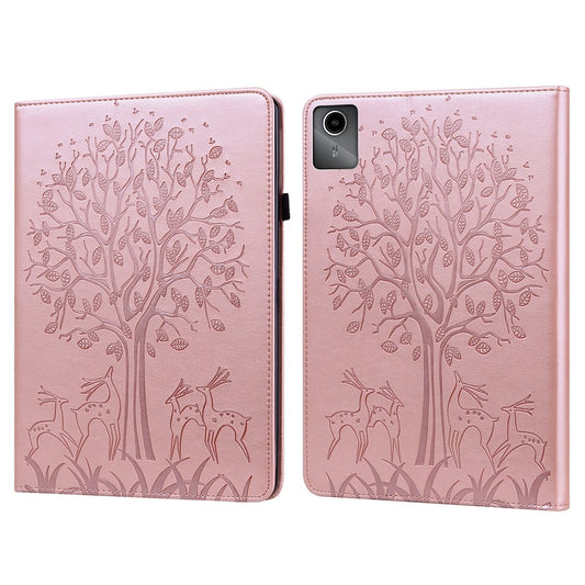 For Lenovo Tab M11 / Xiaoxin Pad 11 2024 Leather Case Tree Deer Pattern Stand Tablet Cover - Rose Gold