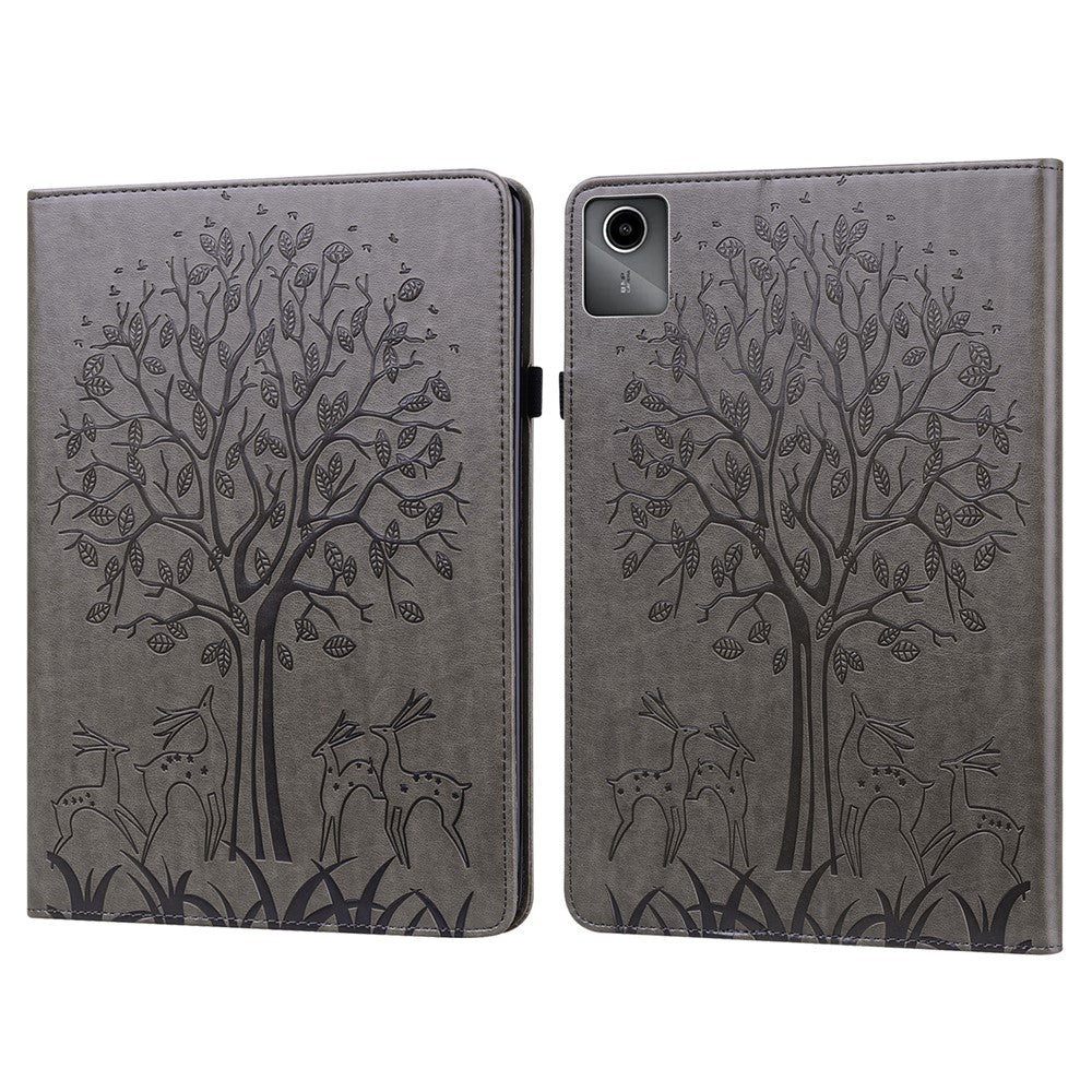 For Lenovo Tab M11 / Xiaoxin Pad 11 2024 Leather Case Tree Deer Pattern Stand Tablet Cover - Grey