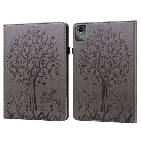 For Lenovo Tab M11 / Xiaoxin Pad 11 2024 Leather Case Tree Deer Pattern Stand Tablet Cover - Grey