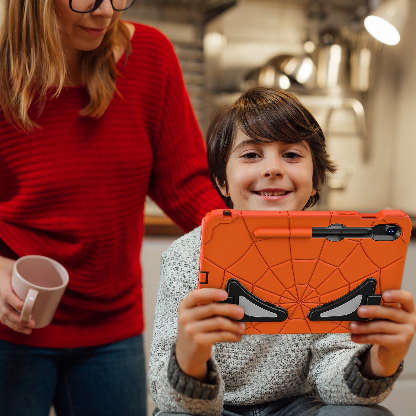For Samsung Galaxy Tab S7 / S8 / S9 SM-X710 / S9 FE Case Spider Web Silicone+PC Rugged Protective Cover - Orange+Black