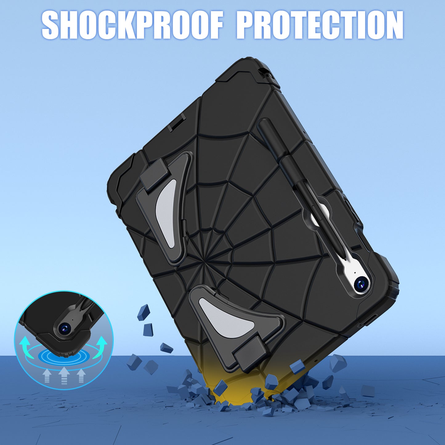 For Samsung Galaxy Tab S7 / S8 / S9 SM-X710 / S9 FE Case Spider Web Silicone+PC Rugged Protective Cover - Black+Black
