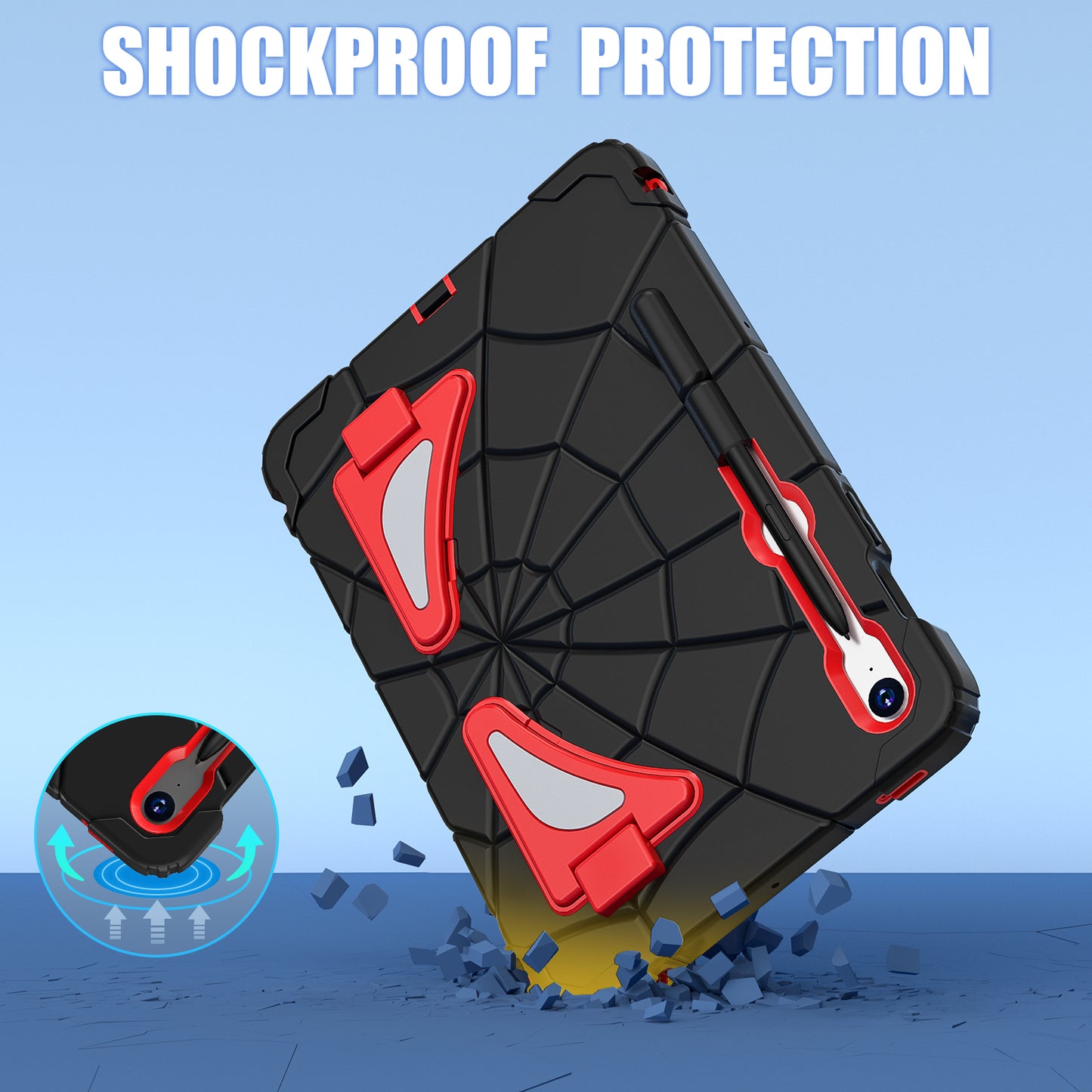 For Samsung Galaxy Tab S7 / S8 / S9 SM-X710 / S9 FE Case Spider Web Silicone+PC Rugged Protective Cover - Black+Red