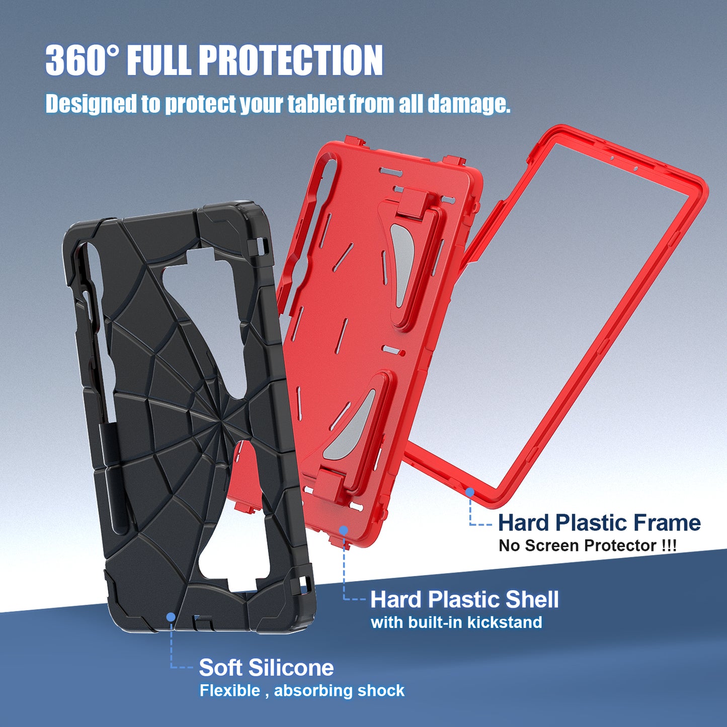 For Samsung Galaxy Tab S7 / S8 / S9 SM-X710 / S9 FE Case Spider Web Silicone+PC Rugged Protective Cover - Black+Red