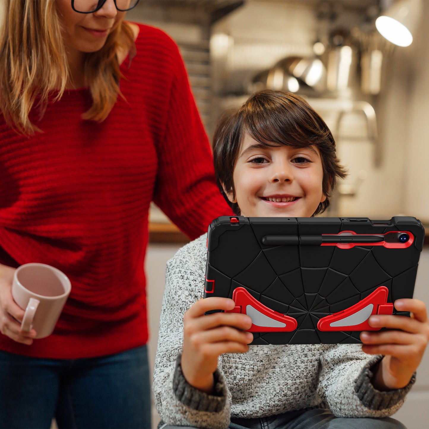 For Samsung Galaxy Tab S7 / S8 / S9 SM-X710 / S9 FE Case Spider Web Silicone+PC Rugged Protective Cover - Black+Red