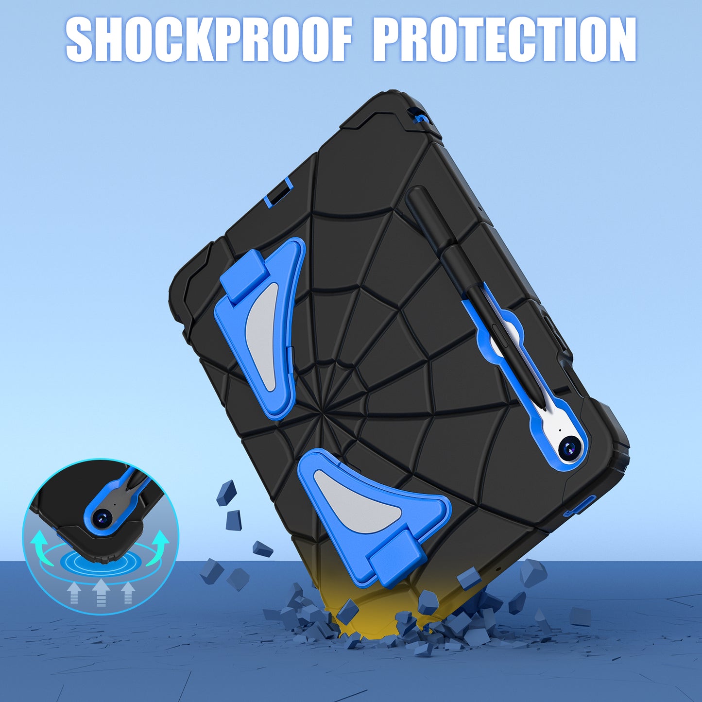 For Samsung Galaxy Tab S7 / S8 / S9 SM-X710 / S9 FE Case Spider Web Silicone+PC Rugged Protective Cover - Black+Blue