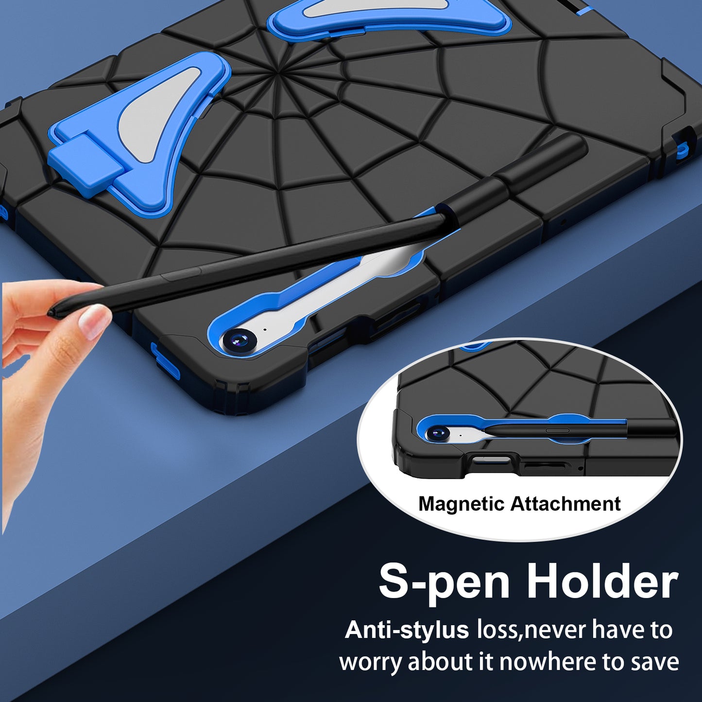 For Samsung Galaxy Tab S7 / S8 / S9 SM-X710 / S9 FE Case Spider Web Silicone+PC Rugged Protective Cover - Black+Blue