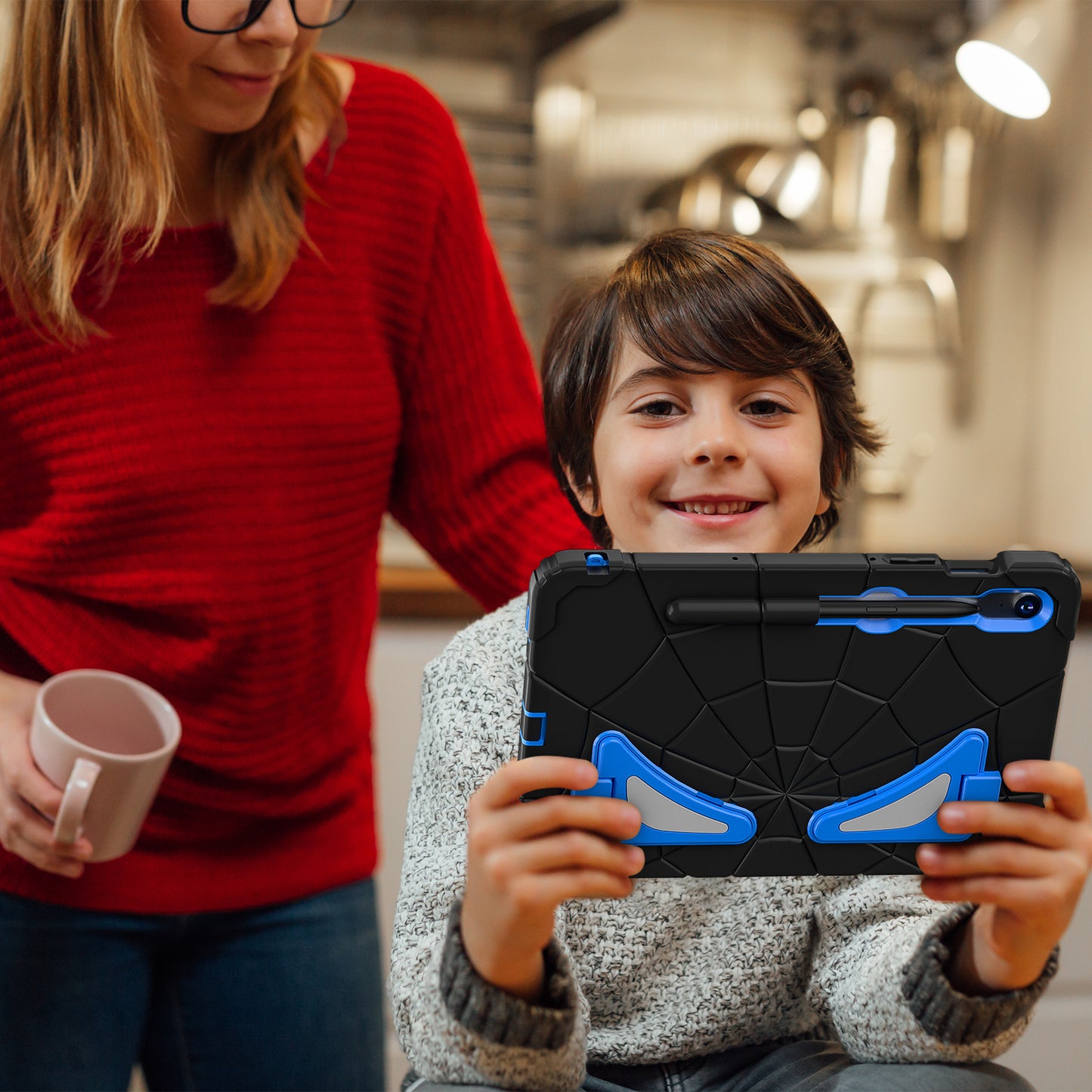 For Samsung Galaxy Tab S7 / S8 / S9 SM-X710 / S9 FE Case Spider Web Silicone+PC Rugged Protective Cover - Black+Blue