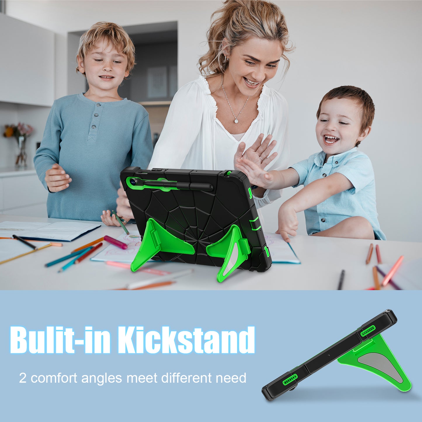 For Samsung Galaxy Tab S7 / S8 / S9 SM-X710 / S9 FE Case Spider Web Silicone+PC Rugged Protective Cover - Black+Green