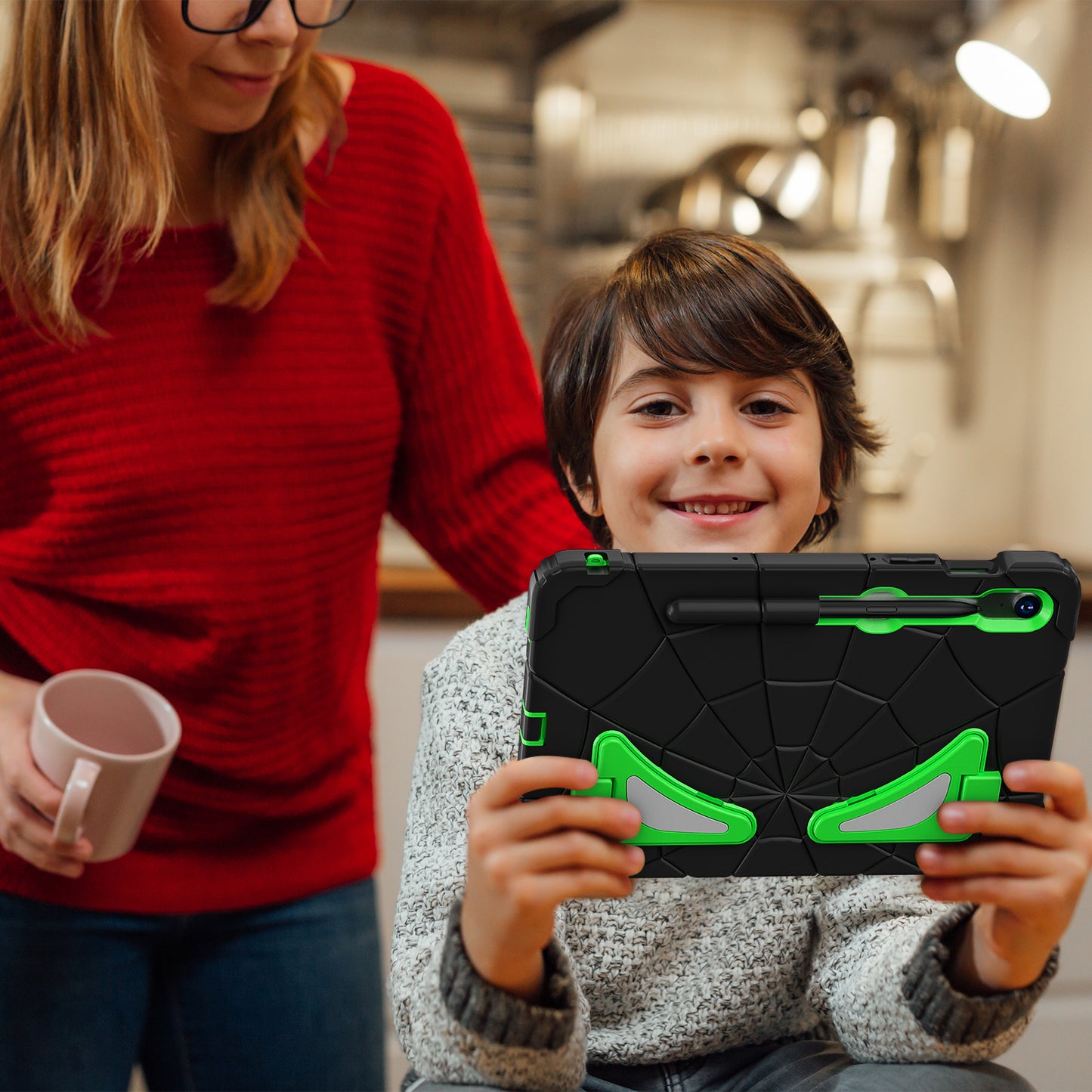 For Samsung Galaxy Tab S7 / S8 / S9 SM-X710 / S9 FE Case Spider Web Silicone+PC Rugged Protective Cover - Black+Green