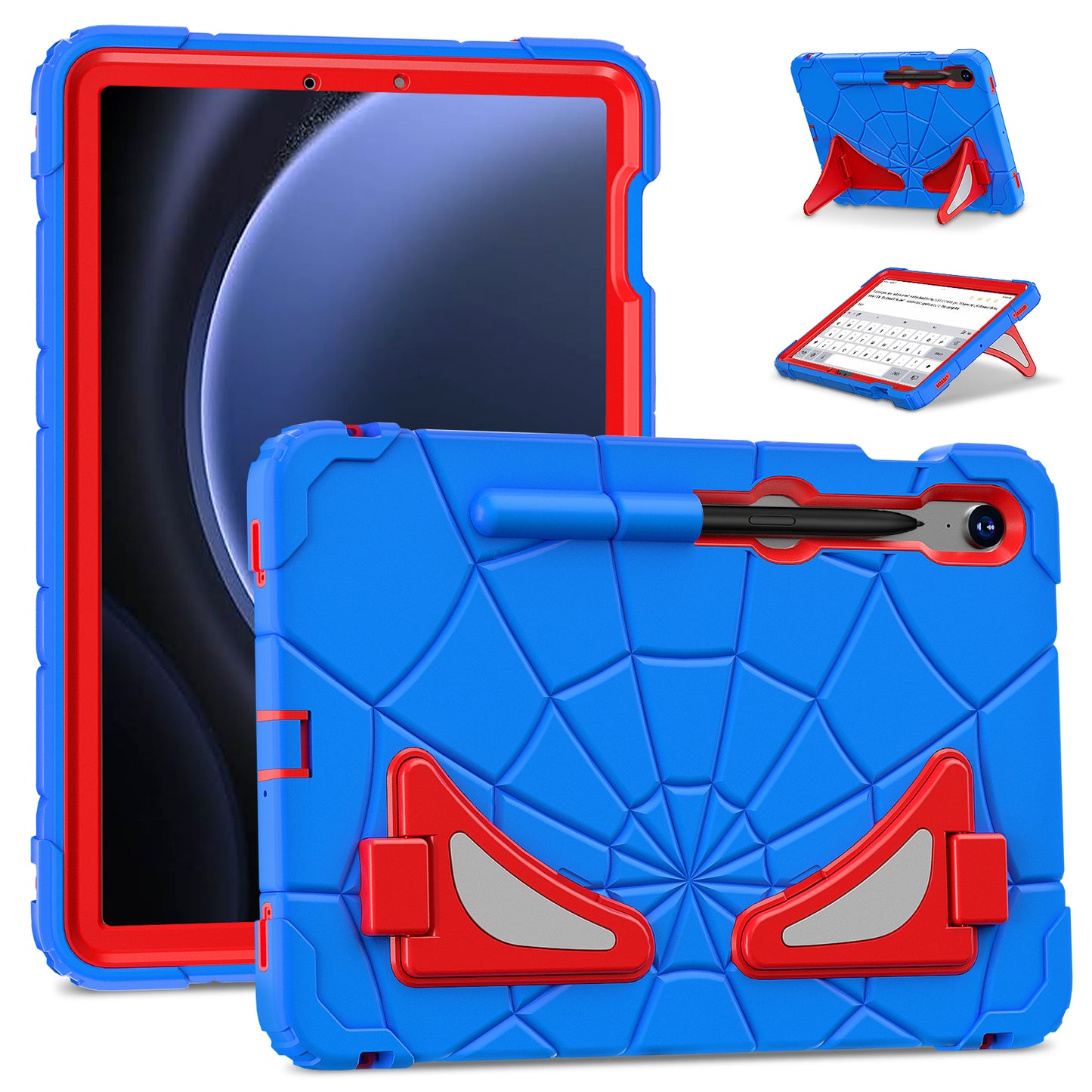 For Samsung Galaxy Tab S7 / S8 / S9 SM-X710 / S9 FE Case Spider Web Silicone+PC Rugged Protective Cover - Blue+Red