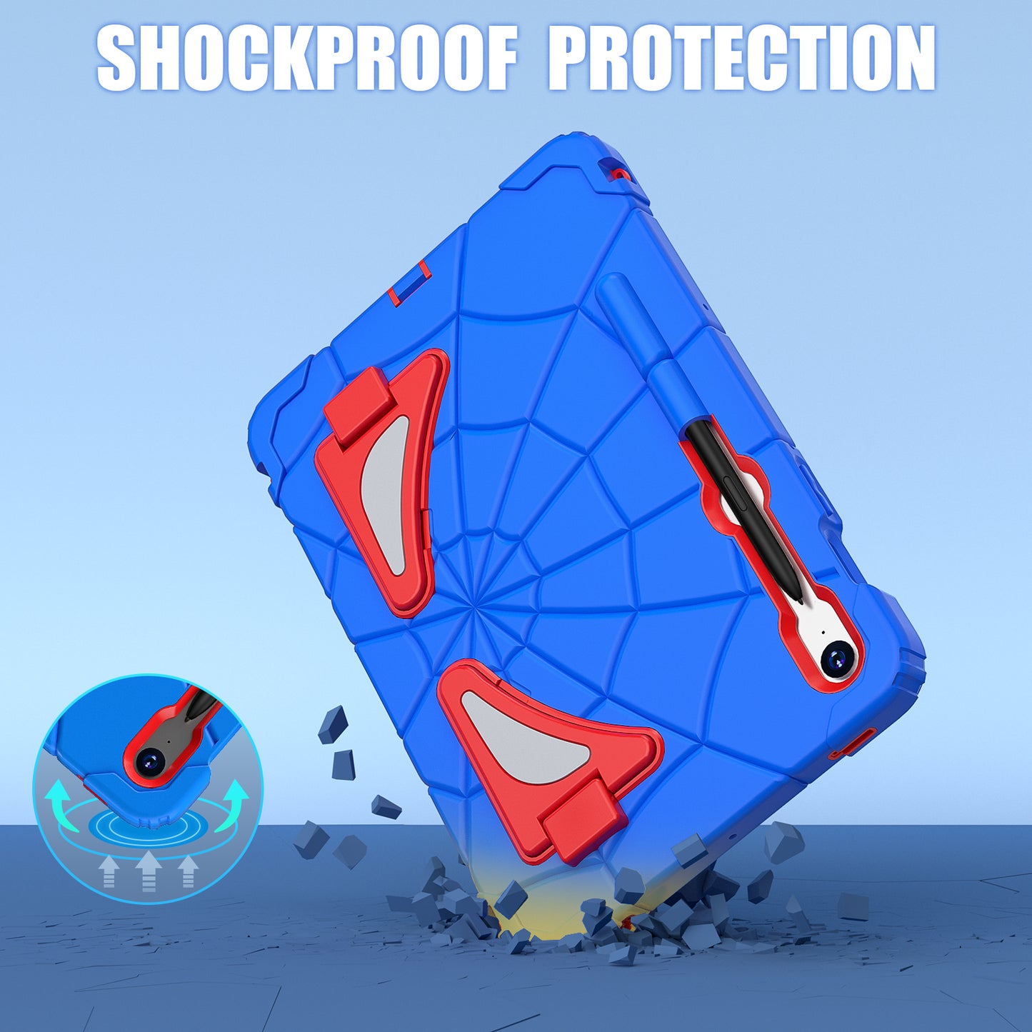 For Samsung Galaxy Tab S7 / S8 / S9 SM-X710 / S9 FE Case Spider Web Silicone+PC Rugged Protective Cover - Blue+Red