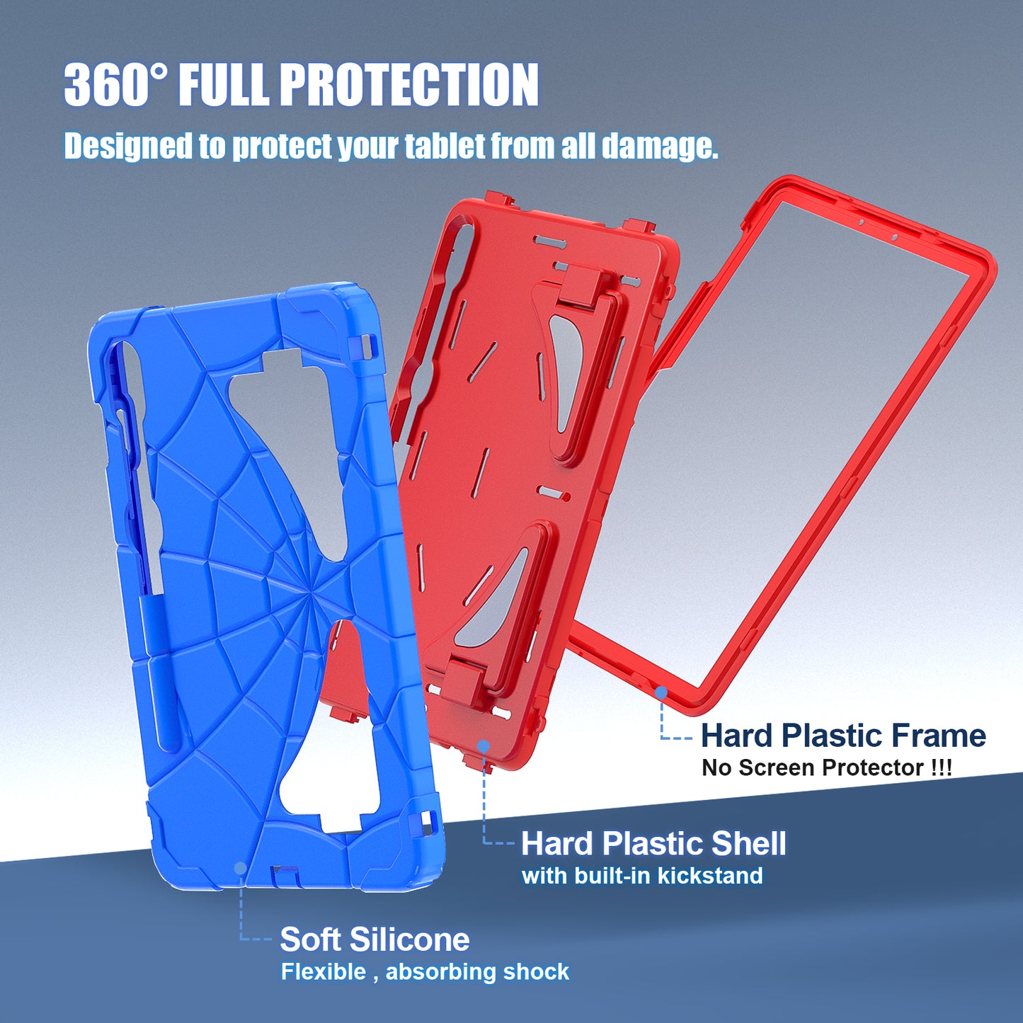 For Samsung Galaxy Tab S7 / S8 / S9 SM-X710 / S9 FE Case Spider Web Silicone+PC Rugged Protective Cover - Blue+Red