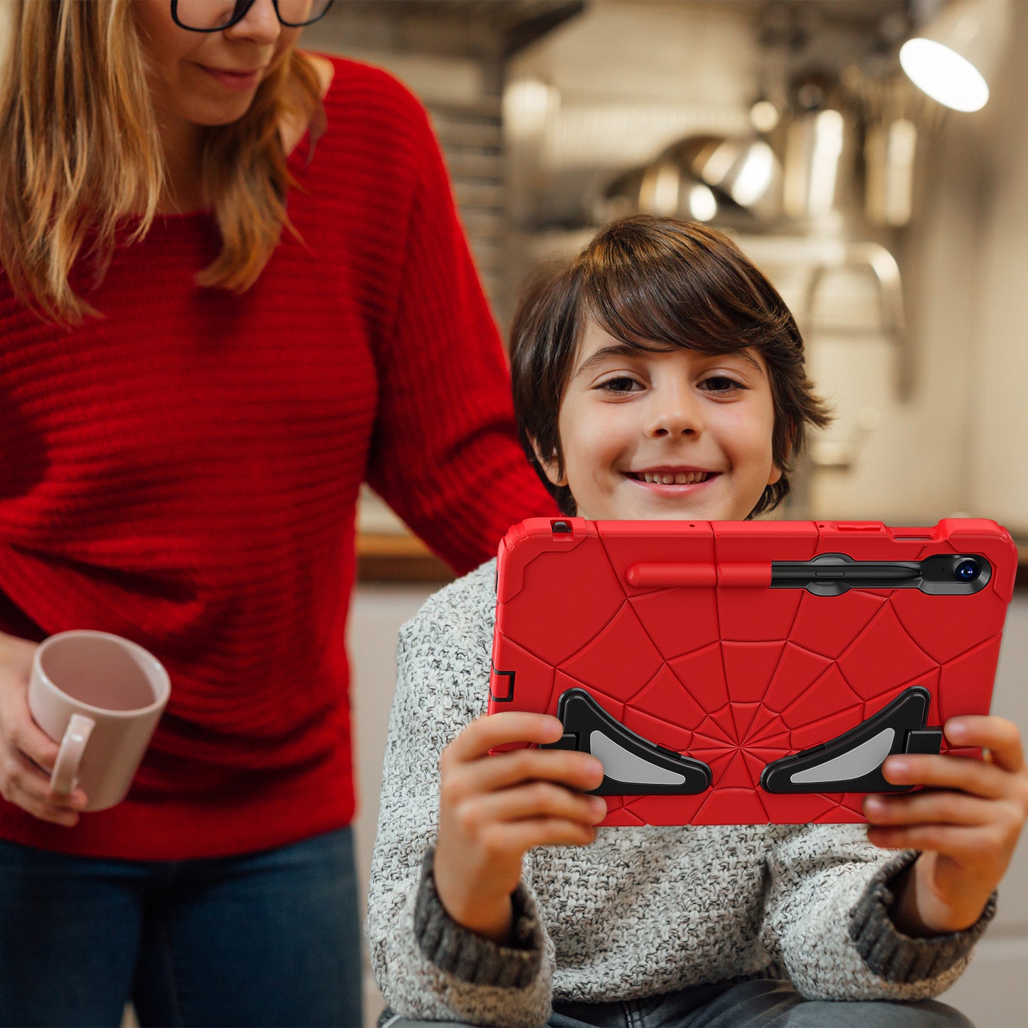 For Samsung Galaxy Tab S7 / S8 / S9 SM-X710 / S9 FE Case Spider Web Silicone+PC Rugged Protective Cover - Red+Black