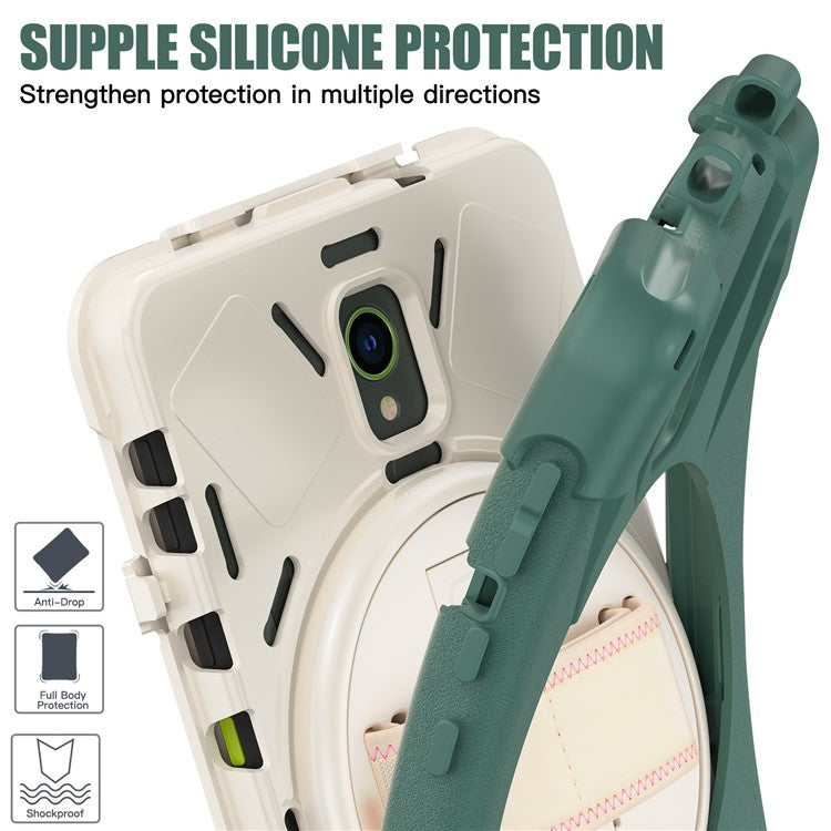 For Samsung Galaxy Tab Active 3 T570 / Tab Active5 X306B Case Hand Strap Kickstand PC+Silicone Rugged Cover - Emerald Green