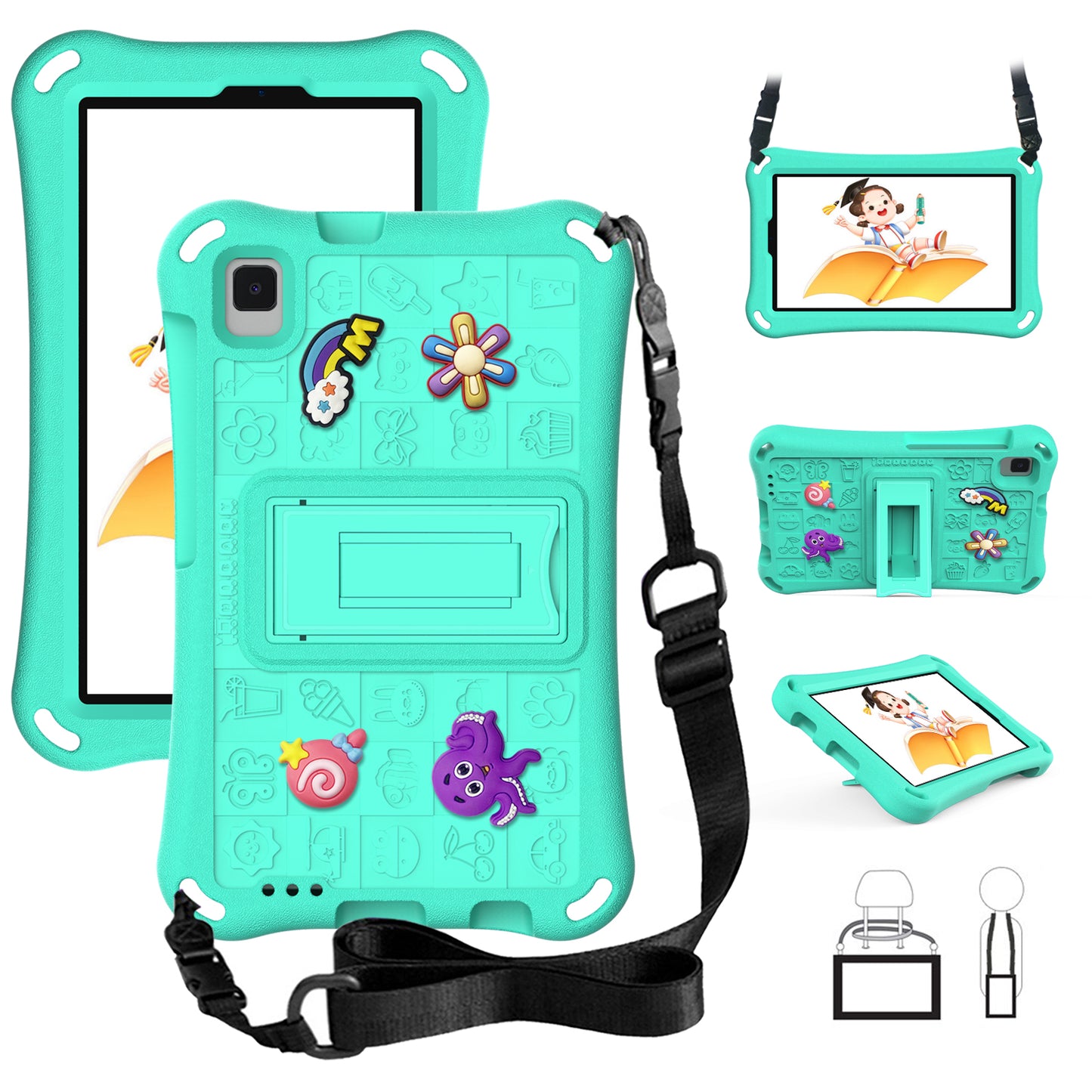 For Samsung Galaxy Tab A9 / Tab A7 Lite 8.7-inch / Tab A 8.0 (2019) Tablet Case Kickstand EVA Cover with Shoulder Strap - Mint Green