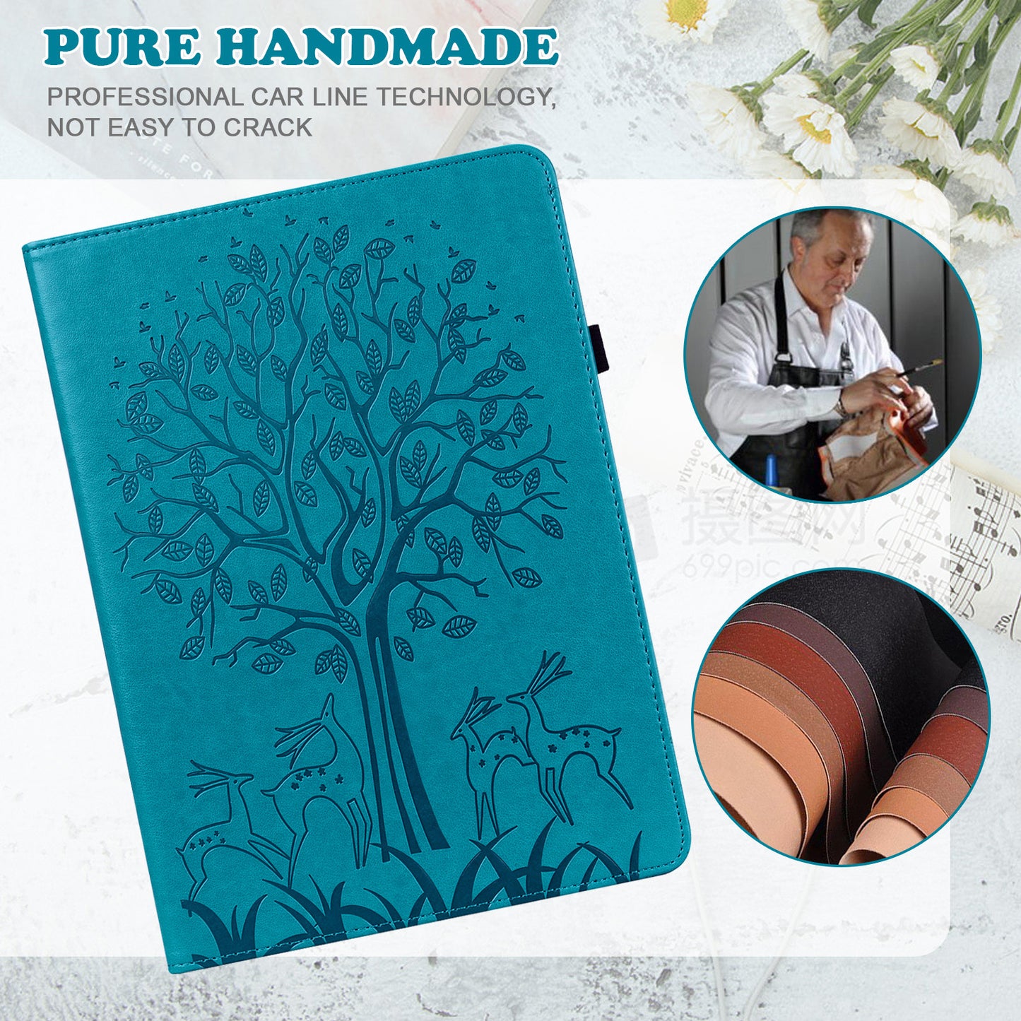 For Honor Pad 8 Case PU Leather Tree Deer Pattern Tablet Cover with Card Slots - Blue