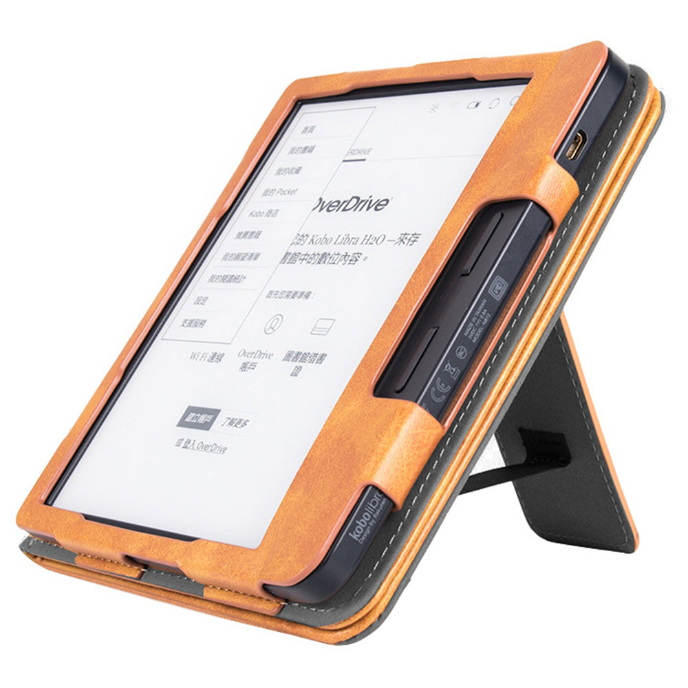For Kobo Libra 2 N418 Tablet Case Auto Wake / Sleep PU Leather E-Reader Cover with Hand Strap, Kickstand - Brown