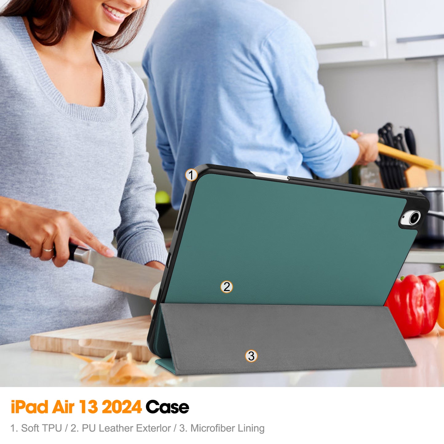 For iPad Air 13 (2024) Leather Case Tri-fold Stand Tablet Cover with Pen Slot - Blackish Green