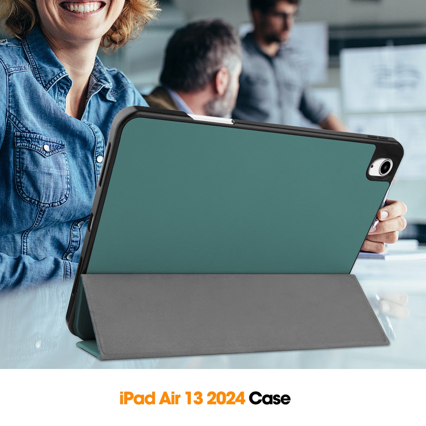 For iPad Air 13 (2024) Leather Case Tri-fold Stand Tablet Cover with Pen Slot - Blackish Green