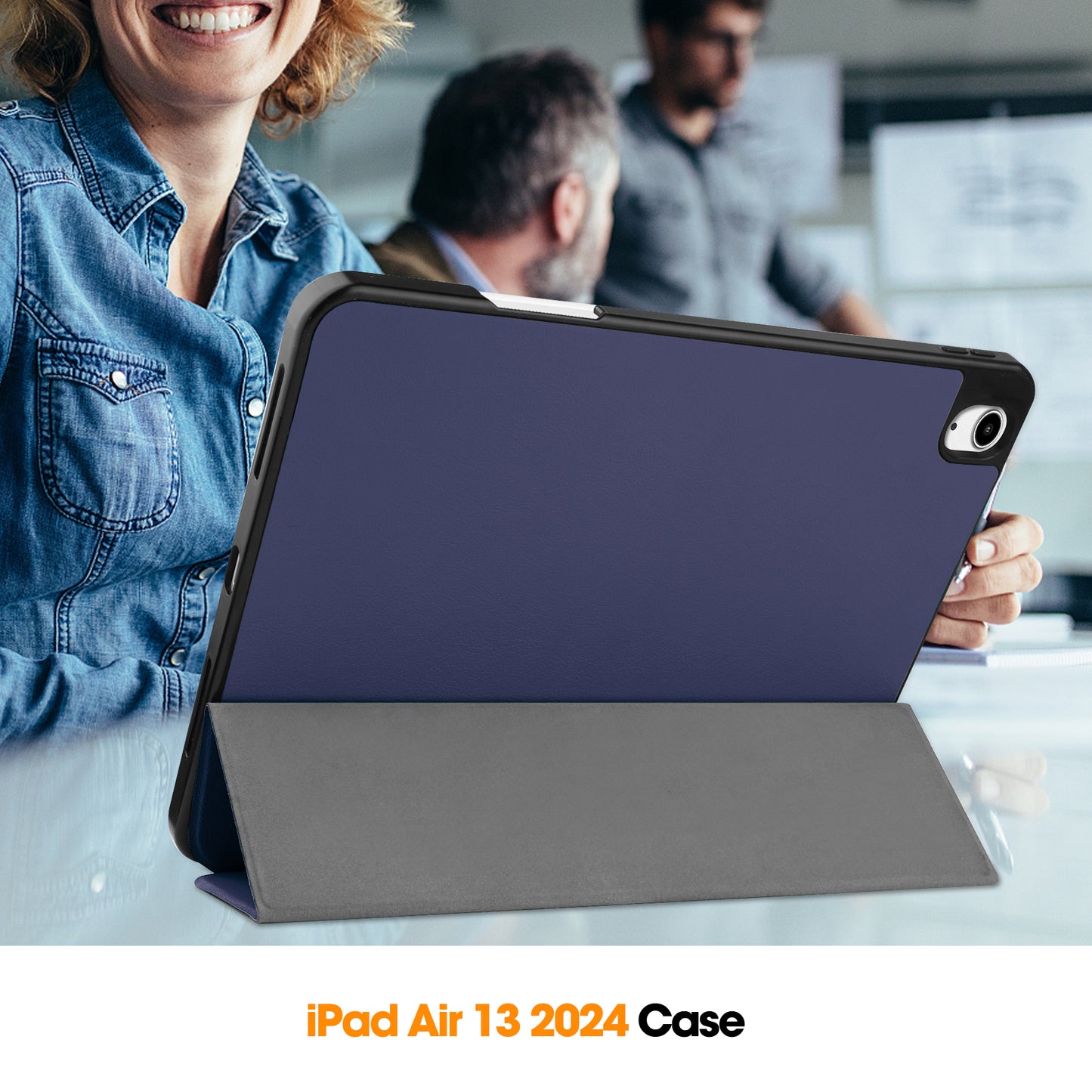 For iPad Air 13 (2024) Leather Case Tri-fold Stand Tablet Cover with Pen Slot - Blue