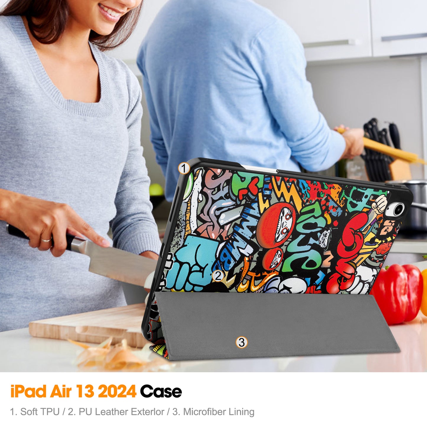 For iPad Air 13 (2024) Case Pattern Printing Tri-fold Stand Leather Cover with Pen Slot - Graffiti