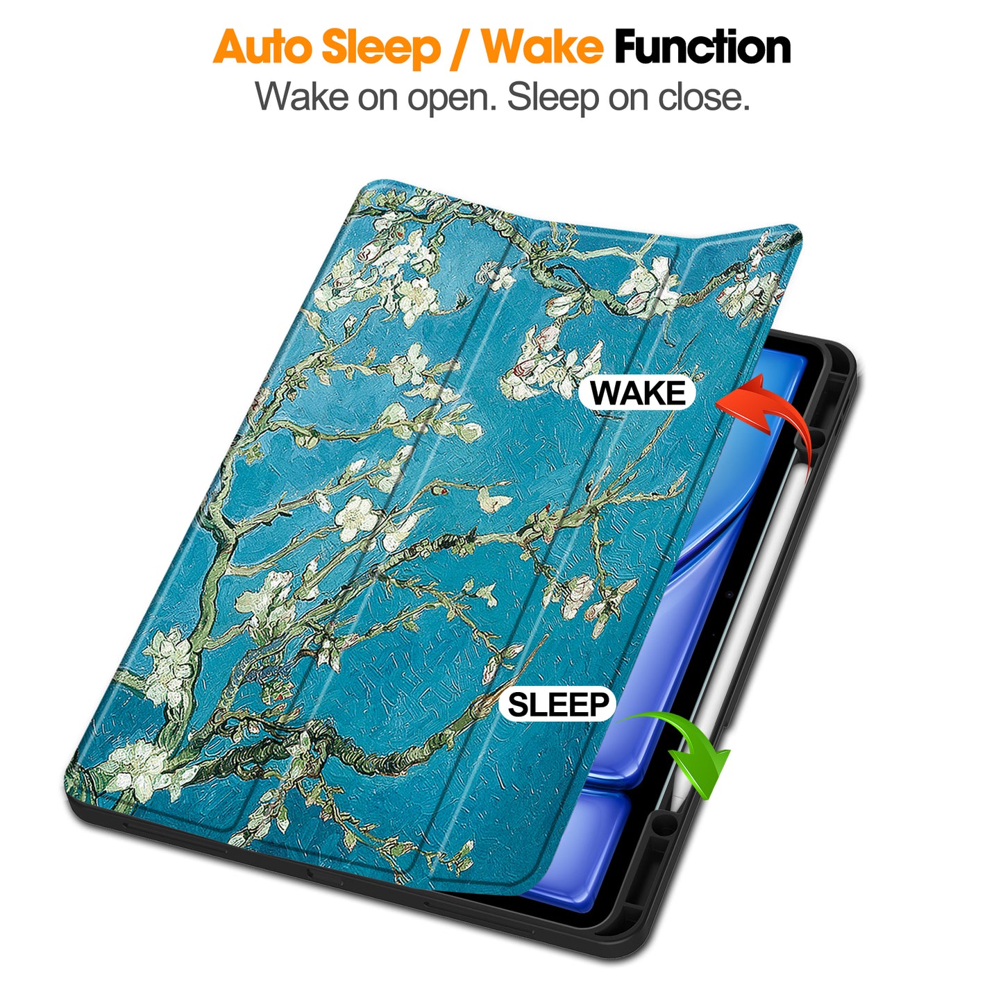 For iPad Air 13 (2024) Case Pattern Printing Tri-fold Stand Leather Cover with Pen Slot - Apricot Blossom
