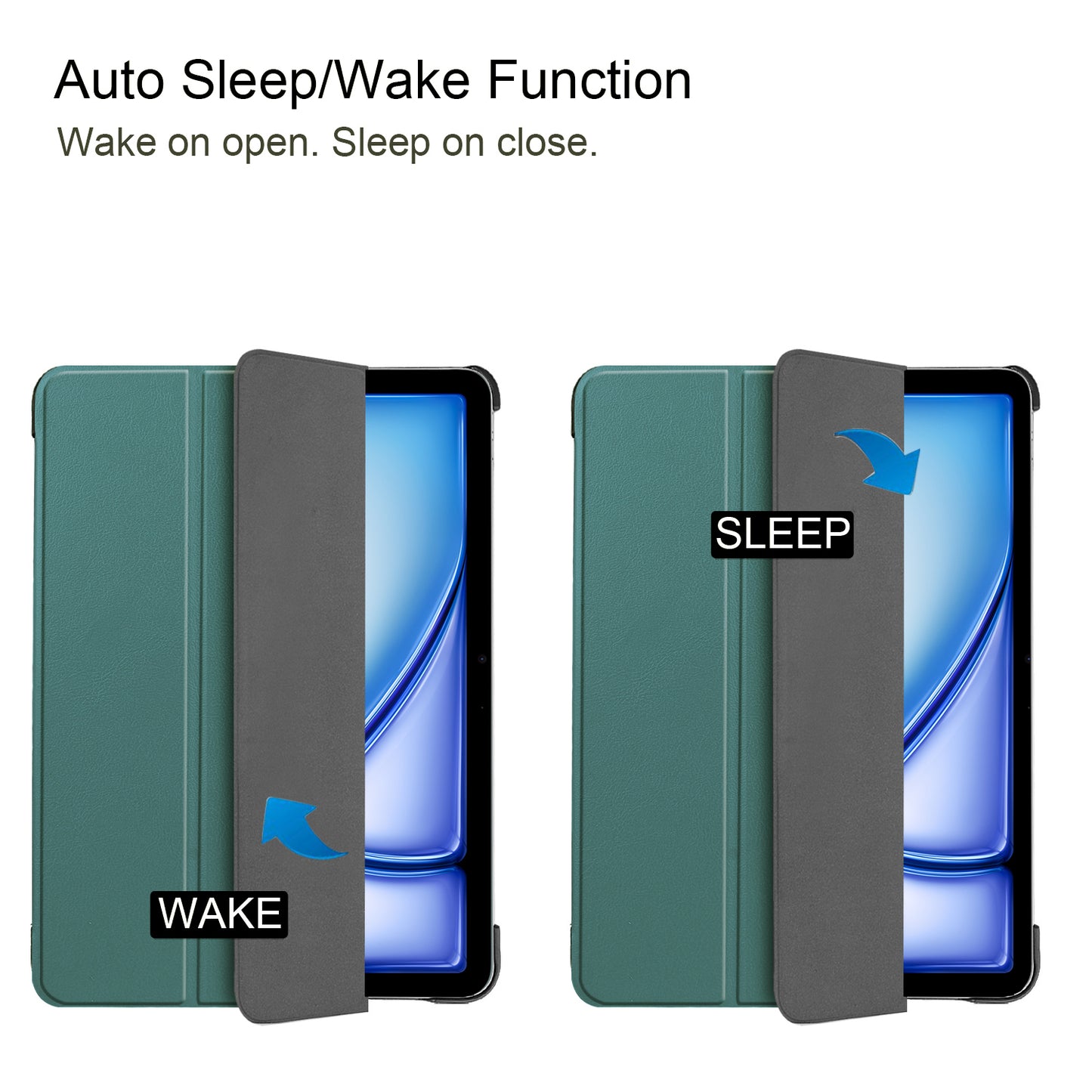 For iPad Air 13 (2024) Case Auto Wake  /  Sleep Tri-fold Stand Leather Tablet Cover - Blackish Green