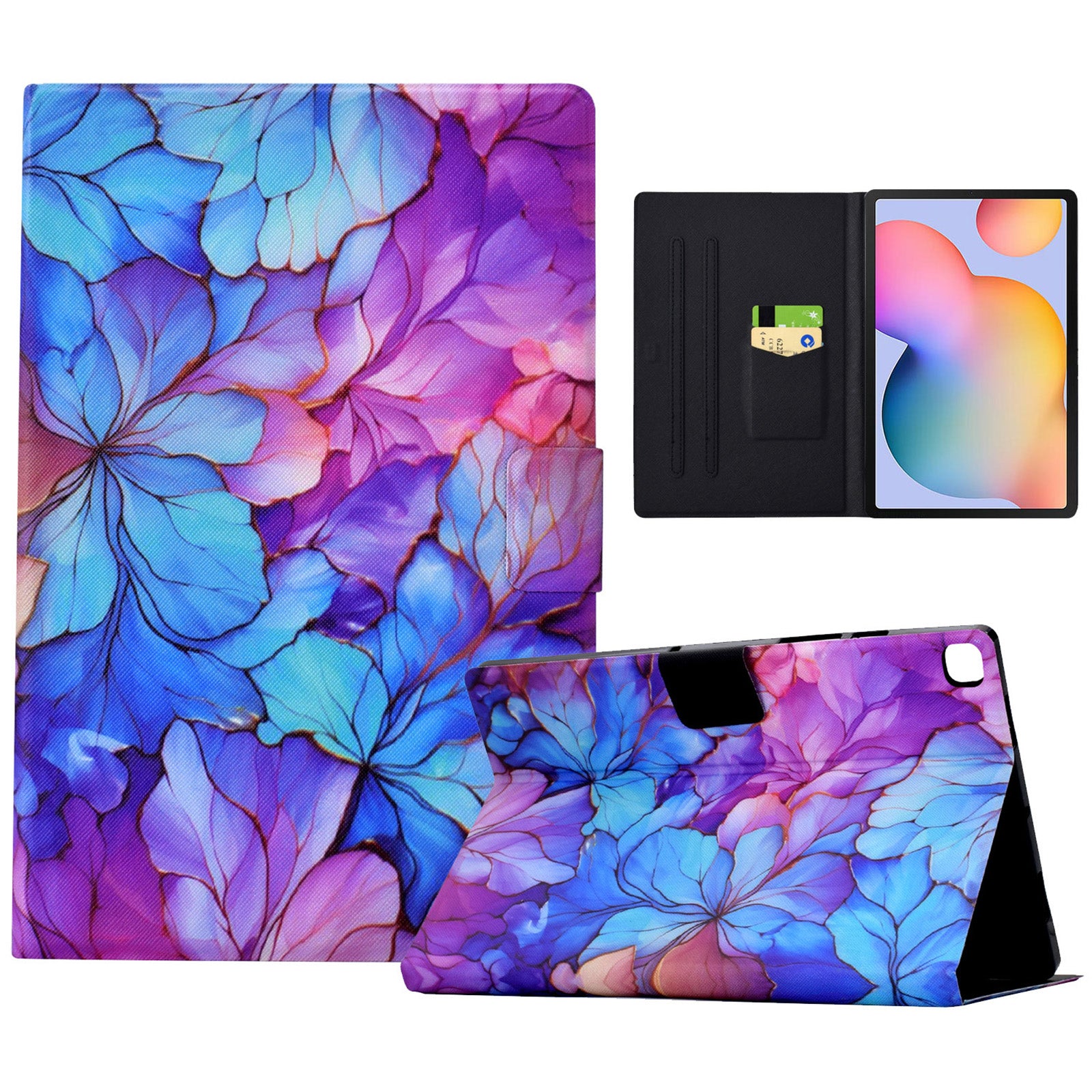 For Samsung Galaxy Tab S6 Lite (2020) / (2022) / (2024) (SM-P610 / 615) Case Pattern Printing Leather Tablet Cover with Card Holder - Petal