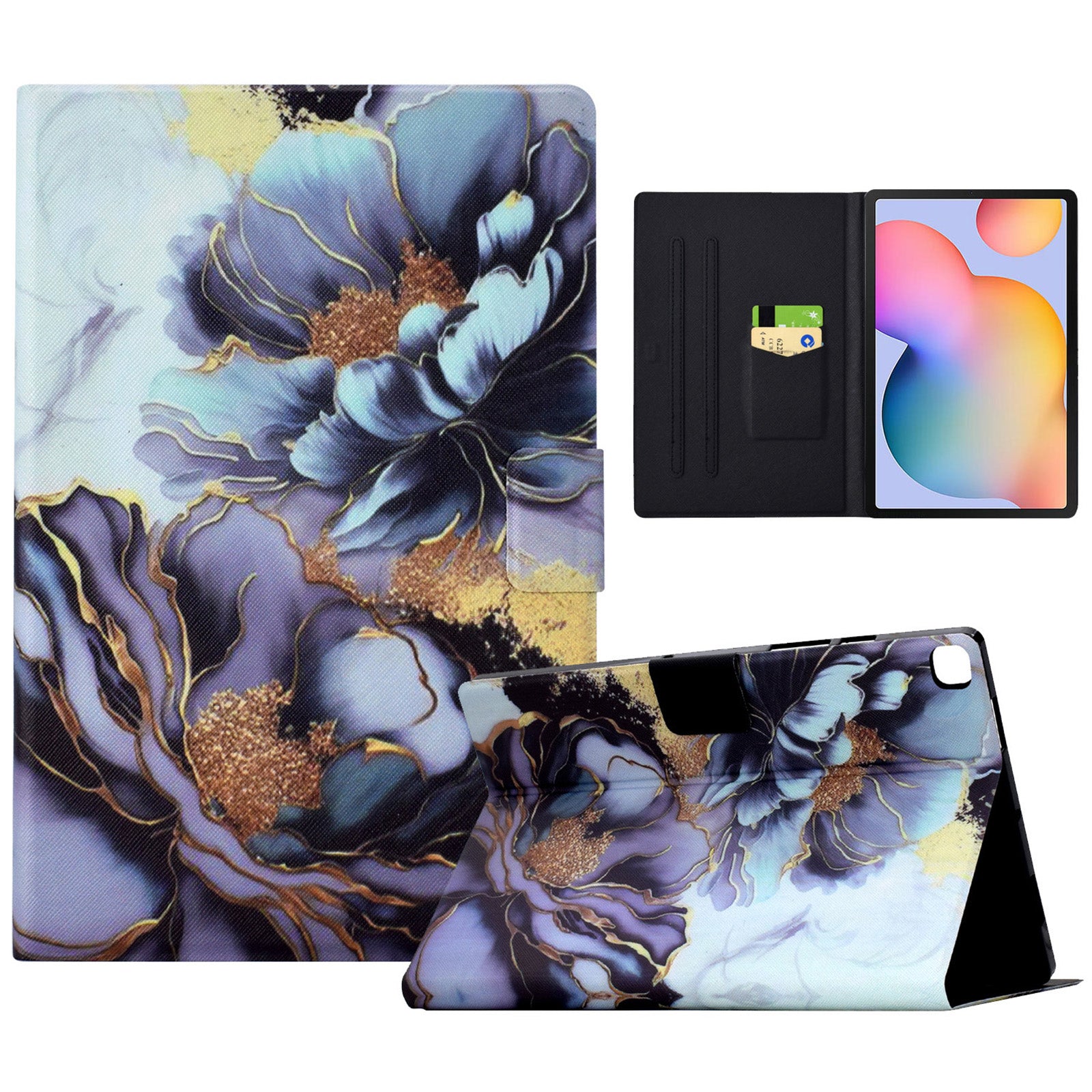 For Samsung Galaxy Tab S6 Lite (2020) / (2022) / (2024) (SM-P610 / 615) Case Pattern Printing Leather Tablet Cover with Card Holder - Peony Flower