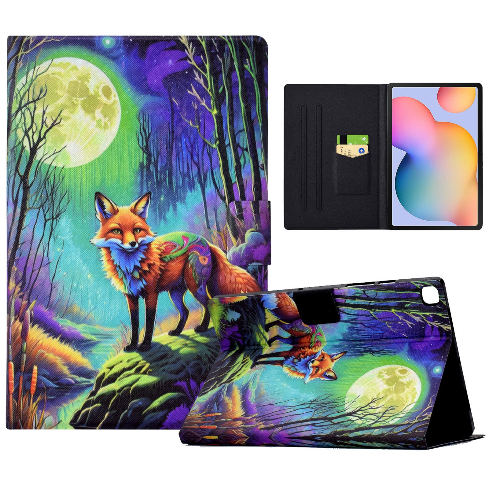 For Samsung Galaxy Tab S6 Lite (2020) / (2022) / (2024) (SM-P610 / 615) Case Pattern Printing Leather Tablet Cover with Card Holder - Moonlight Fox