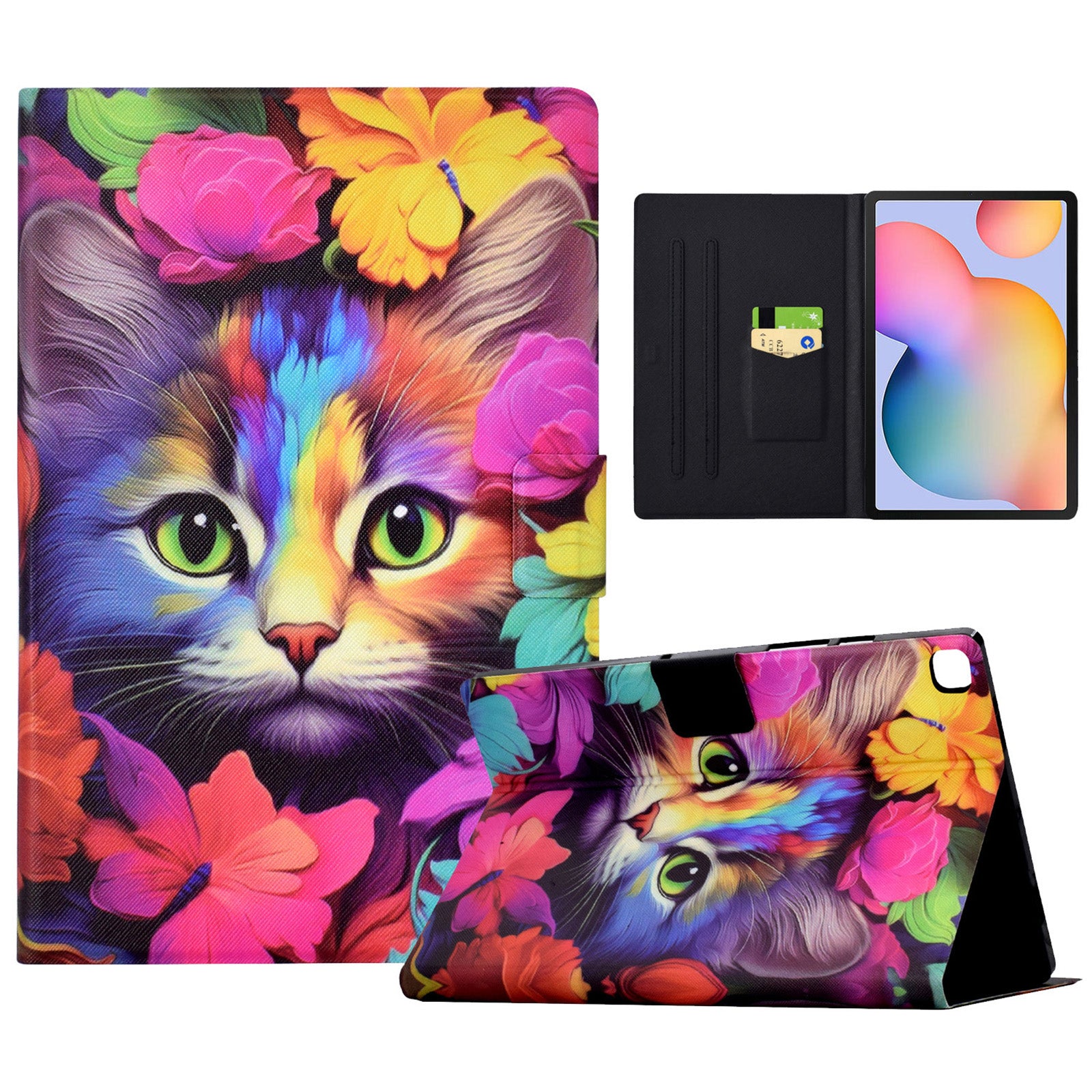 For Samsung Galaxy Tab S6 Lite (2020) / (2022) / (2024) (SM-P610 / 615) Case Pattern Printing Leather Tablet Cover with Card Holder - Rose Cat